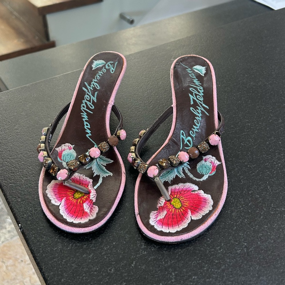 Vintage Beverly Feldman Pink and Brown Floral Sandals